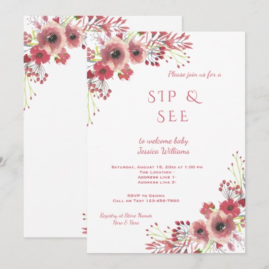 Invitation Chic Élégant Fleurs Aquarelle Sip & See (Devant / Derrière)