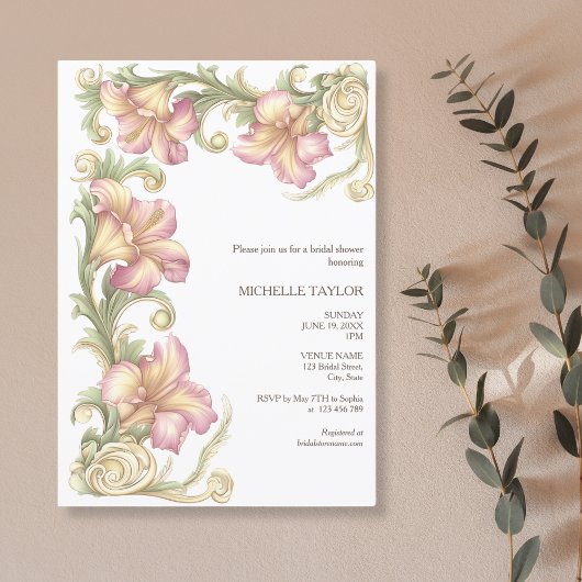 Invitation Chic élégant Floral Blush Art Nouveau Rose