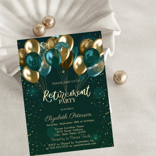 Invitation Chic élégant Gold Green Balloons Retraite verte
