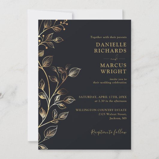 Invitation Chic Elegant Golden Floral Mariage QR Code (Devant)