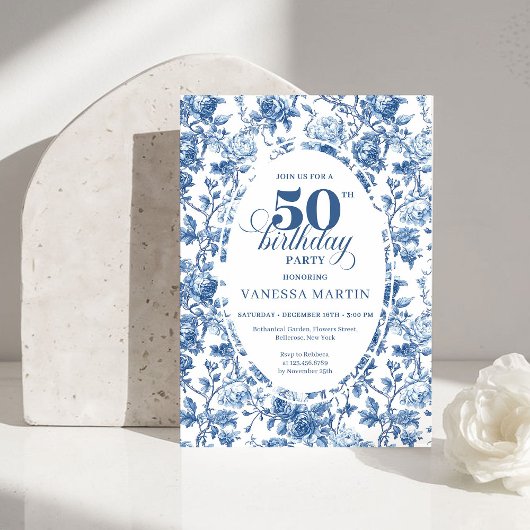 Invitation Chic Elegant Navy Toile de Jouy Rose 50th Birthday