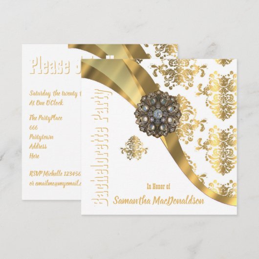 Invitation Chic élégant or damask bachelorette soirée (Devant / Derrière)