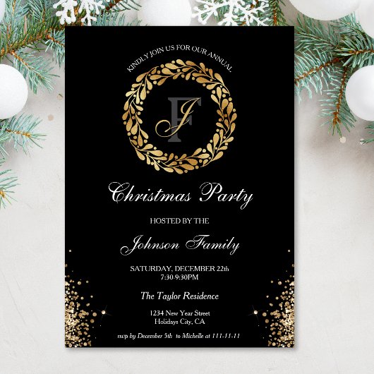 Invitation Chic Elegant or Monogramme Wreath Noël Party