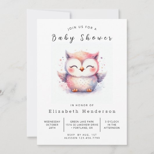 Invitation Chic Elegant Owl Baby shower (Devant)