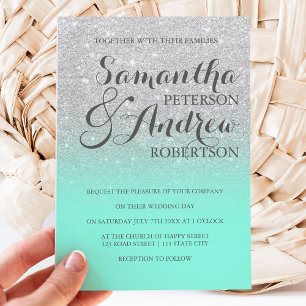 Invitation Chic élégant parties scintillant argent menthe ver