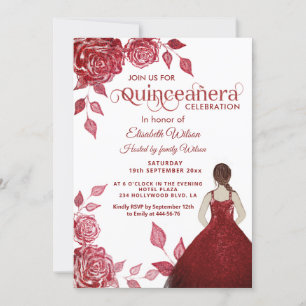 Invitation Chic élégant romantique roses rouges Quinceañera