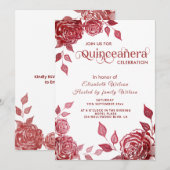 Invitation Chic élégant romantique roses rouges Quinceañera (Devant / Derrière)