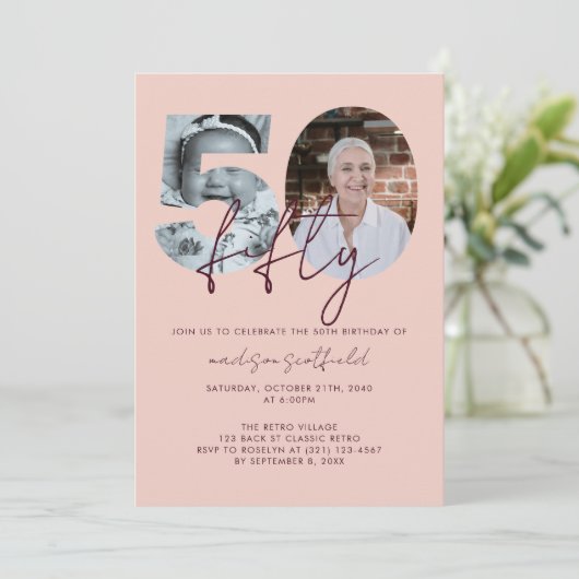 Invitation Chic Elegant Rose Gold Photo Script 50e anniversai (Debout devant)