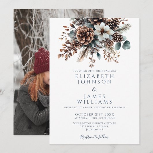 Invitation Chic Elegant Rustique Floral Pinecone Mariage phot (Devant / Derrière)
