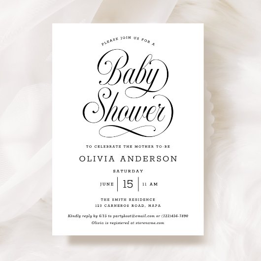 Invitation Chic Elegant Script Black & White Baby Shower