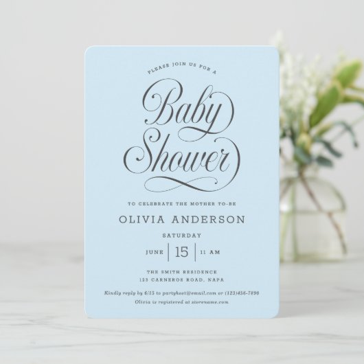 Invitation Chic Elegant Script Light Blue Boy Baby Shower (Debout devant)