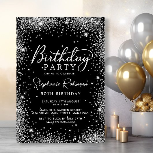 Invitation Chic Elegant Silver Parties scintillant Noir 50e a
