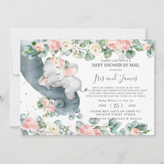 Invitation Chic Elephant Floral Baby shower virtuel par courr (Devant)