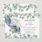 Invitation Chic Elephant Green Baby shower neutre genre  (Devant / Derrière)