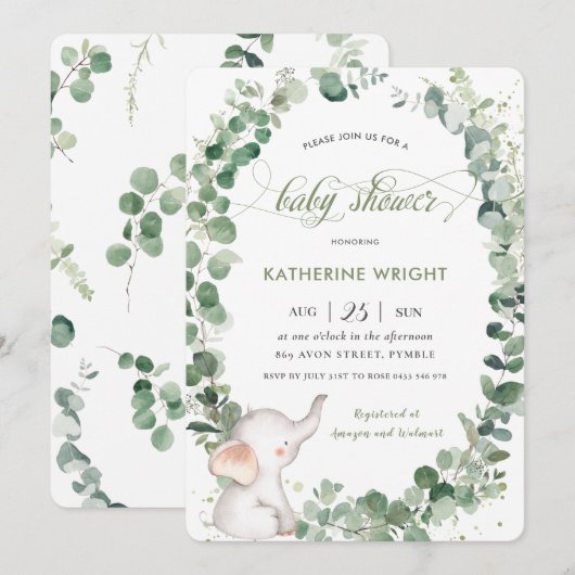 Invitation Chic Elephant Green Baby shower neutre genre (Devant / Derrière)