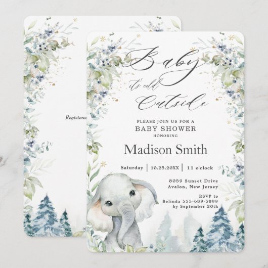Invitation Chic Elephant Hiver Baby shower alpin Neutral I (Devant / Derrière)