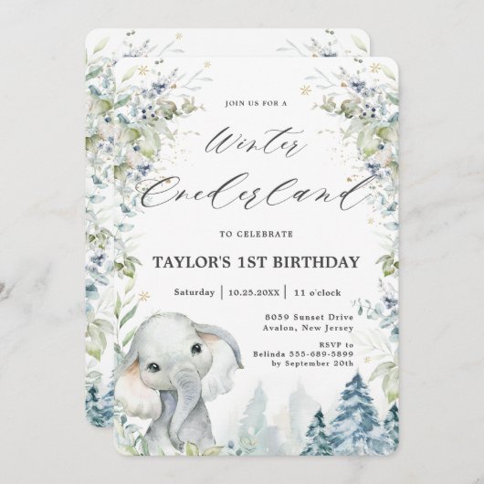 Invitation Chic Elephant Hiver Onederland 1er anniversaire (Devant / Derrière)