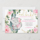 Invitation Chic Eléphant Roses Roses Rose Verdure Baby shower (Devant)