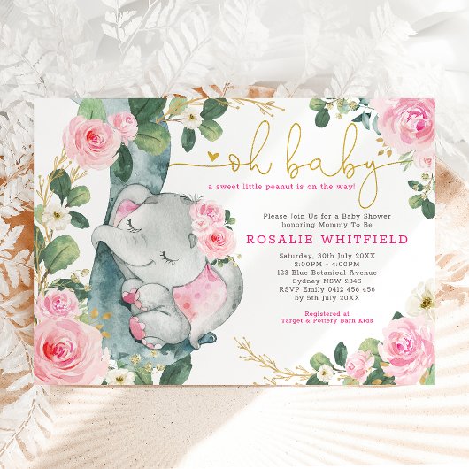 Invitation Chic Eléphant Roses Roses Rose Verdure Baby shower