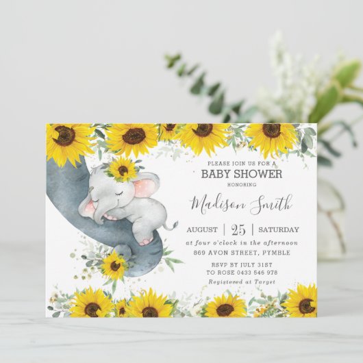 Invitation Chic Eléphant tournesol floral Baby shower fille (Debout devant)
