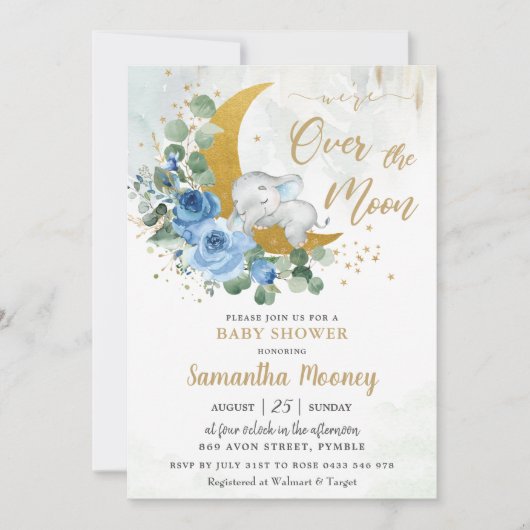 Invitation Chic Elephant We're Over the Moon Boy Baby shower (Devant)