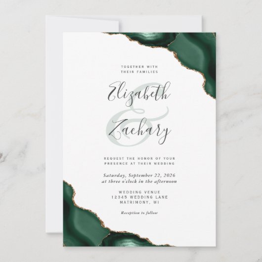 Invitation Chic Emerald Green Agate Corners Mariage (Devant)
