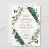 Invitation Chic Emerald Green Butterflies Floral Quinceañera (Devant)
