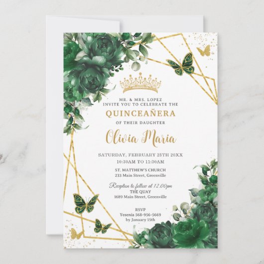 Invitation Chic Emerald Green Butterflies Floral Quinceañera (Devant)