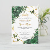 Invitation Chic Emerald Green Butterflies Floral Quinceañera (Debout devant)
