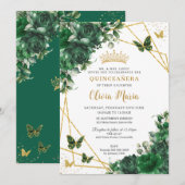 Invitation Chic Emerald Green Butterflies Floral Quinceañera (Devant / Derrière)