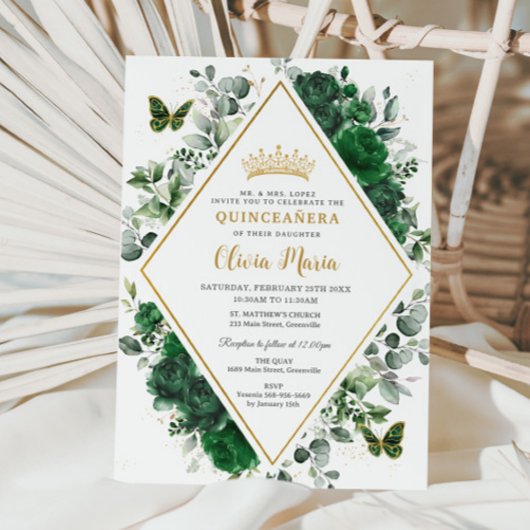 Invitation Chic Emerald Green Butterflies Floral Quinceañera