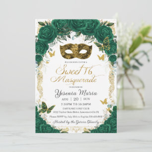 Invitation Chic Emerald Green Floral Gold Sweet 16 Masquerade