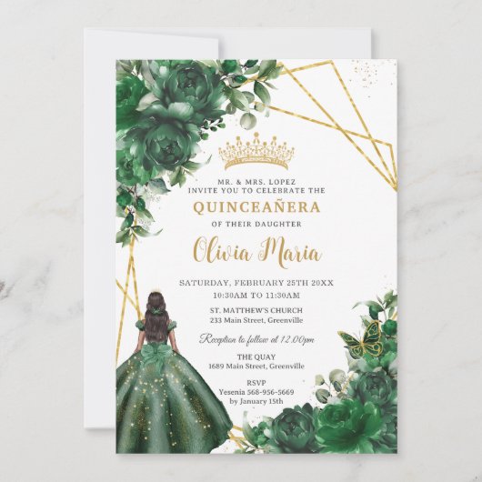 Invitation Chic Emerald Green Floral Princess Quinceañera (Devant)