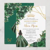 Invitation Chic Emerald Green Floral Princess Quinceañera (Devant / Derrière)
