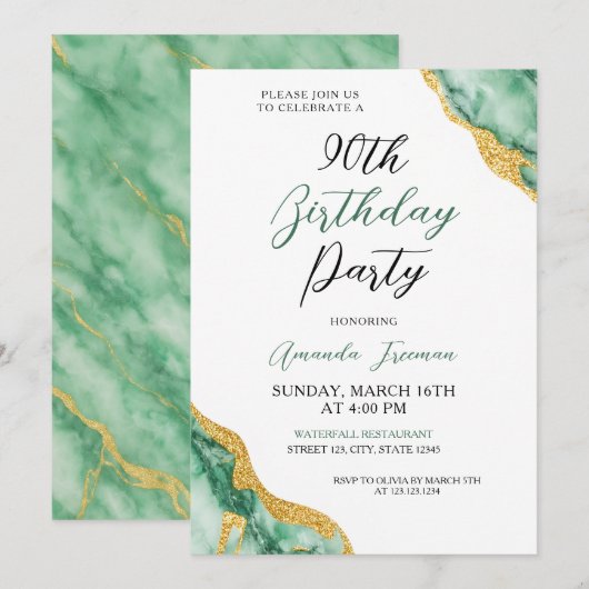 Invitation Chic Emerald Green & Gold 90e anniversaire (Devant / Derrière)