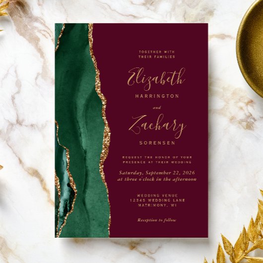 Invitation Chic Emerald Green Gold Agate Mariage Bourgogne