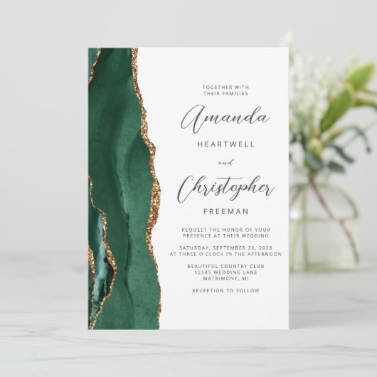 Invitation Chic Emerald Green Gold Agate Script Wedding (Debout devant)