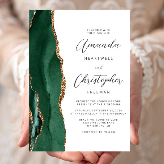 Invitation Chic Emerald Green Gold Agate Script Wedding