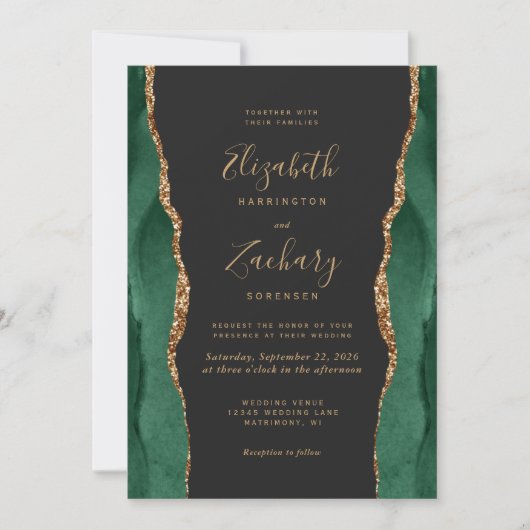 Invitation Chic Emerald Green Or Agate Arc foncé Mariage (Devant)
