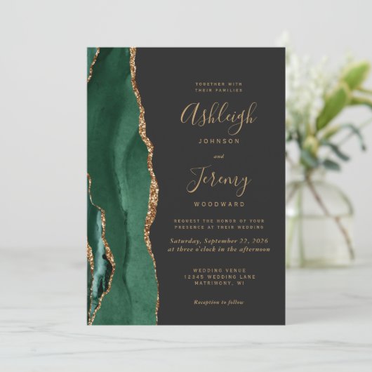 Invitation Chic Emerald Green Or Agate Mariage foncé (Debout devant)