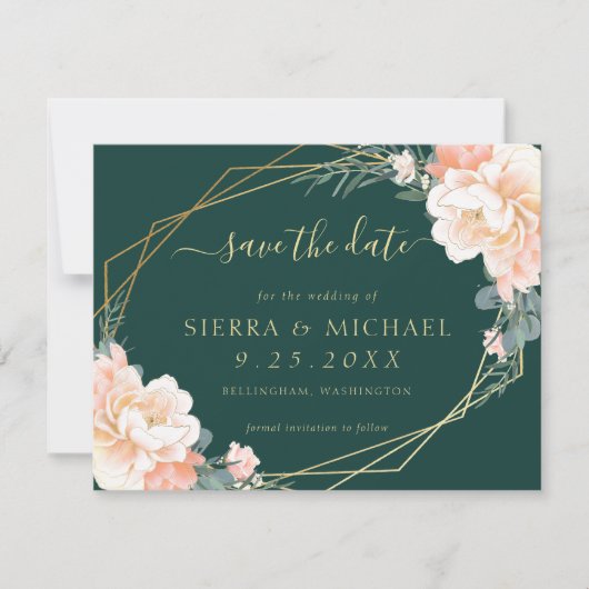 Invitation Chic Emerald Green Peach Gold Floral Enregistrer l (Devant)