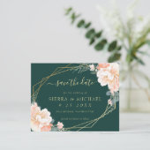Invitation Chic Emerald Green Peach Gold Floral Enregistrer l (Debout devant)