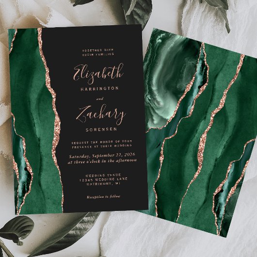 Invitation Chic Emerald Green Rose or Agate Dark Mariage