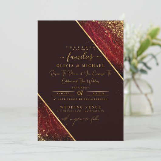 INVITATION CHIC EMERALD RED DARK FOIL ABSTRAIT AGATE MARIAGE (Debout devant)