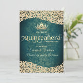 Invitation Chic Emerald vert or damask tiara Quinceañera (Debout devant)