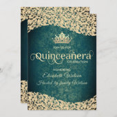 Invitation Chic Emerald vert or damask tiara Quinceañera (Devant / Derrière)