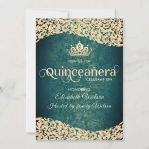 Invitation Chic Emerald vert or damask tiara Quinceañera