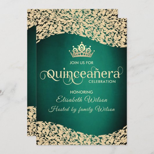 Invitation Chic Emerald vert or damask tiara Quinceañera (Devant / Derrière)