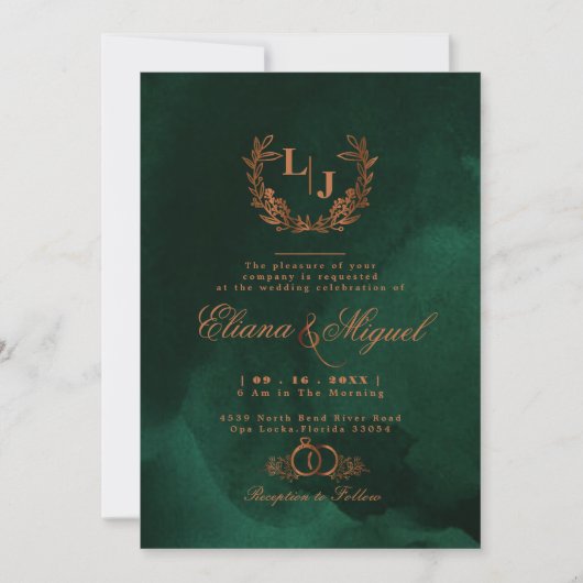 Invitation Chic Émeraude Cuivre Calligraphie Monogramme Maria (Devant)