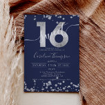 Invitation Chic en feuille d'argent confetti bleu marine Swee<br><div class="desc">Une parties scintillant argentée moderne, chic et élégante, douce invitation à la fête de 16 ans avec une typographie moderne de 16 ans avec parties scintillant en feuille d'argent brillant sur un arrière - plan bleu marine modifiable. Ajoutez votre photo à l'arrière ou laissez un arrière - plan rose. Parfait...</div>